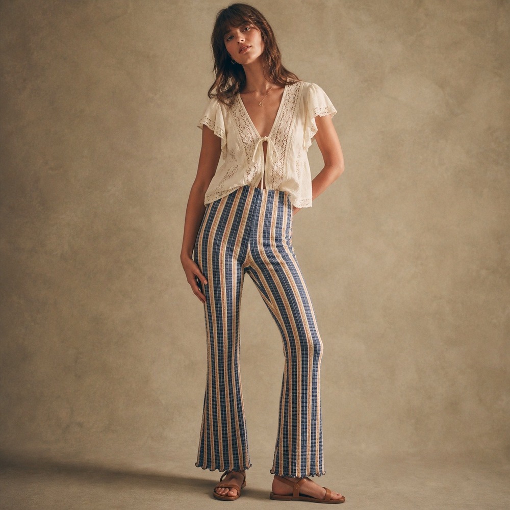 Free People Blue & Cream Vertical Stripe Knit Flare Pants
